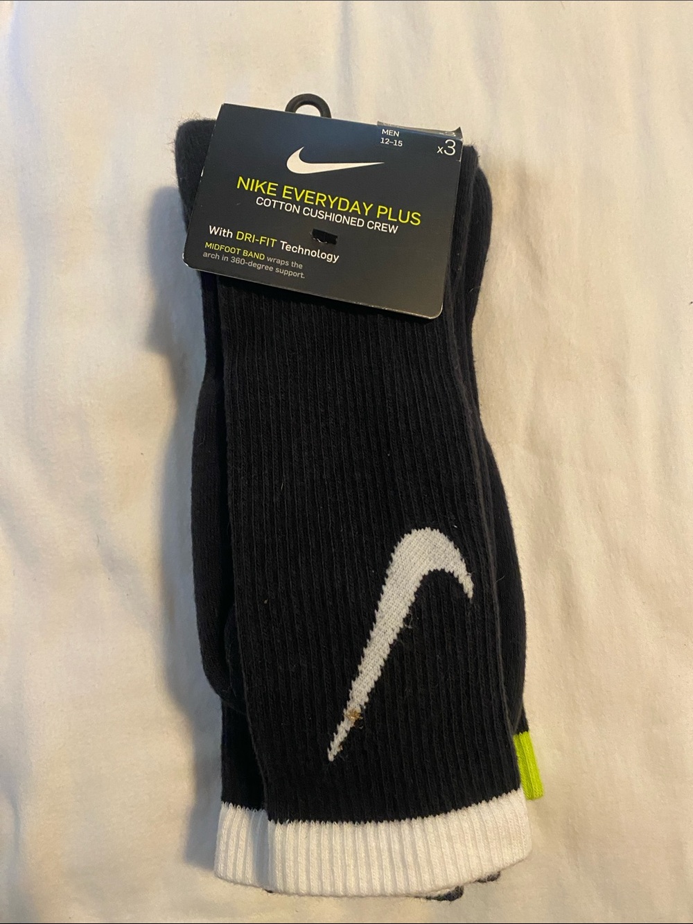 Nike Black Crew Athletic Socks with White Swoosh and Neon Tab (3-Pack)